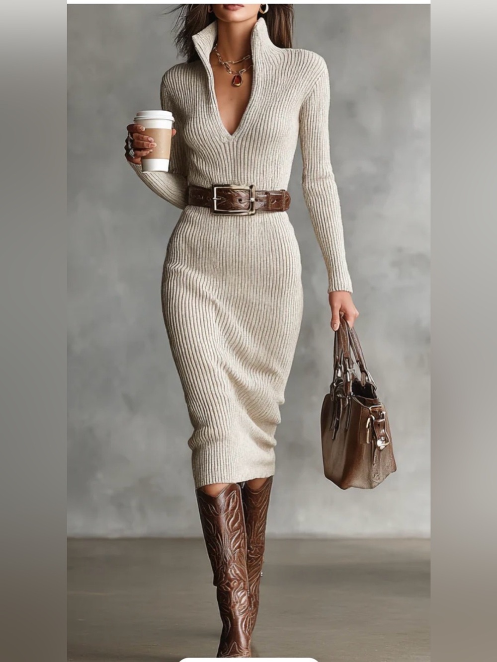 NWT Modesees Slim Fit Half Turtleneck V-Neck Long Sleeve Knitted Belted Midi